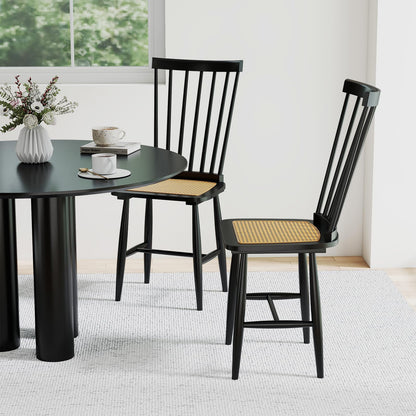 Windsor Dining Chair Set of 2 with Spindle Back and PE Rattan Seat for Kitchen