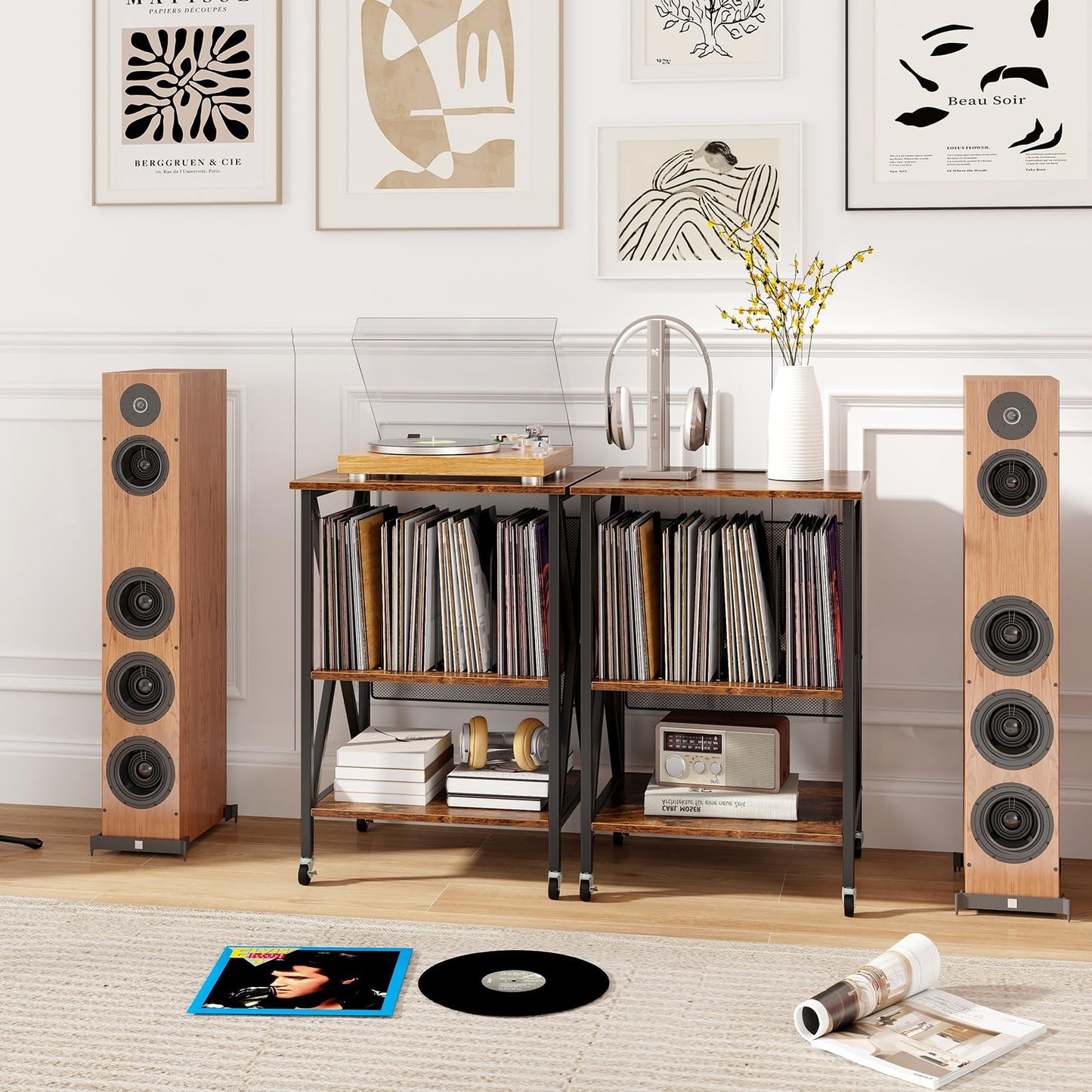Turntable Record Player Stand with Builtin Charging Station and Divider