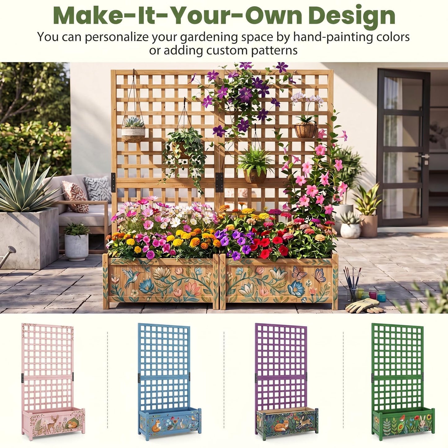 Raised Garden Bed with Trellis, Wooden Trough Planter