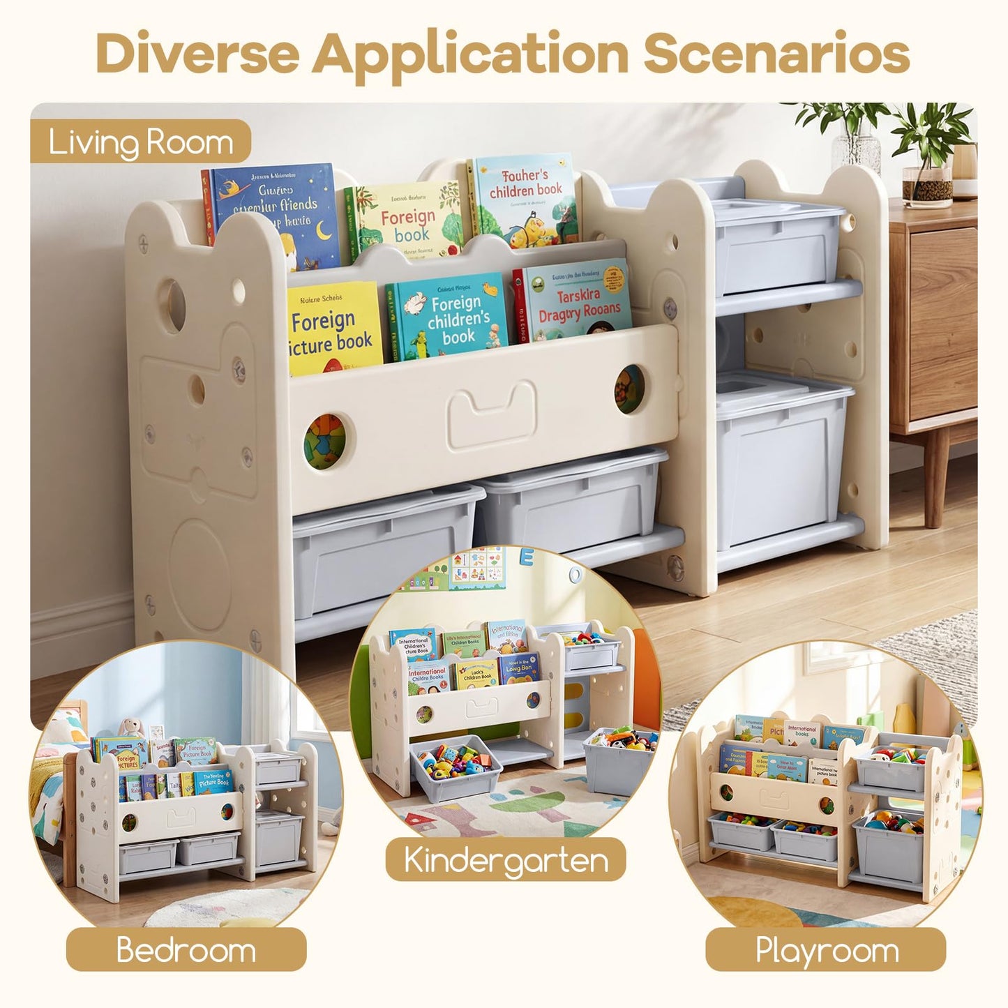Toy Storage Unit, Kids Bookshelf with Removable Boxes and Storage Shelves