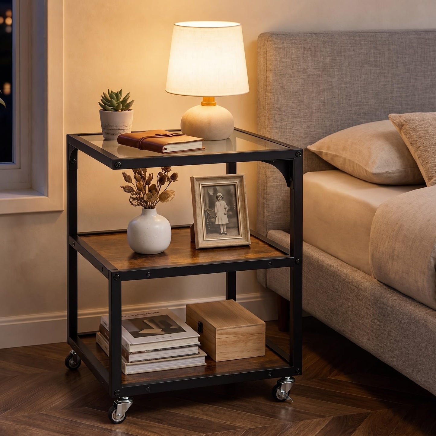 Rolling Side Table, 3-Tier Mobile End Table