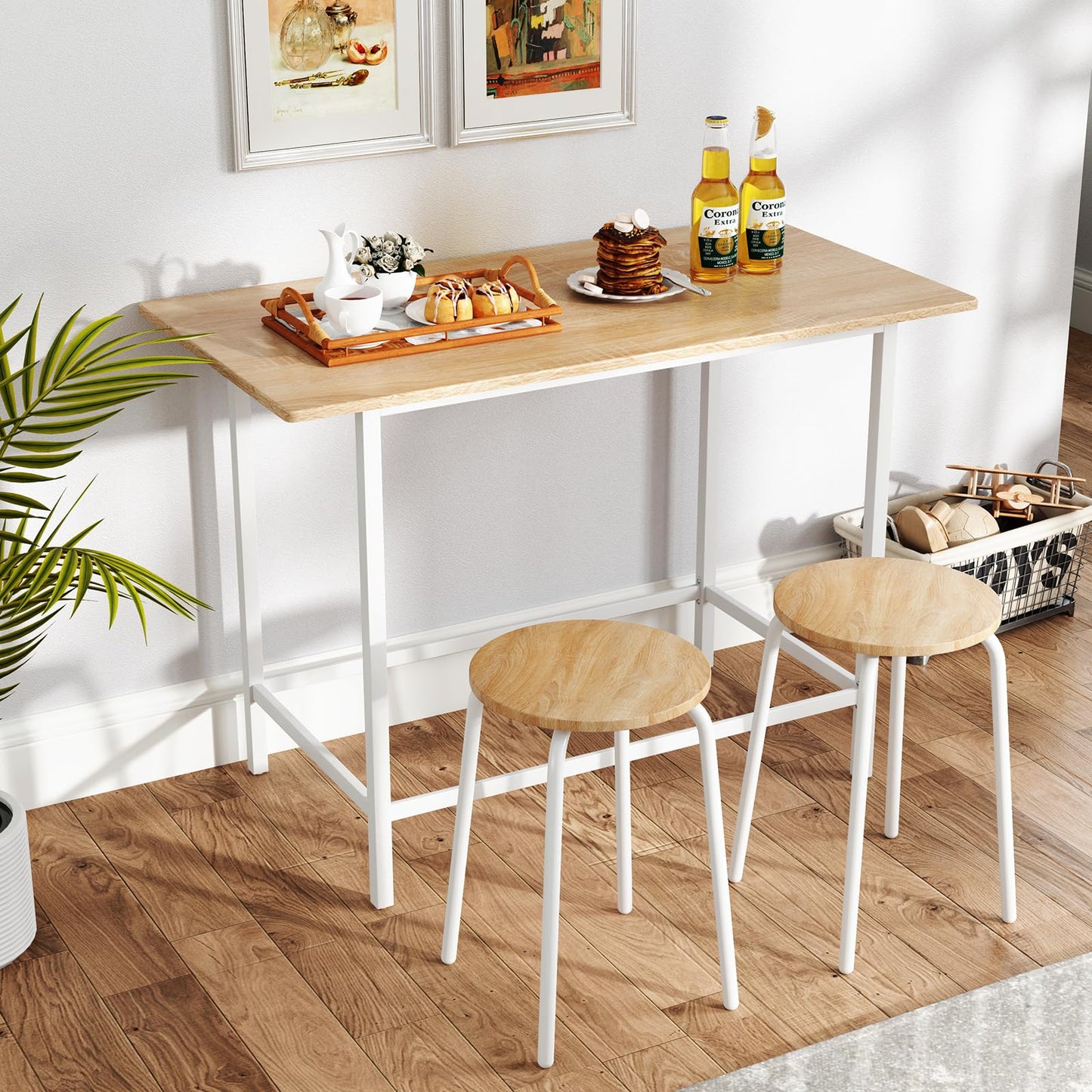 3 Piece Wooden Breakfast Kitchen Table and Stools with Metal Legs