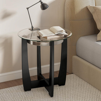 Tempered Glass End Table, Round Sofa Side Table with Rubber Wood Cross Base