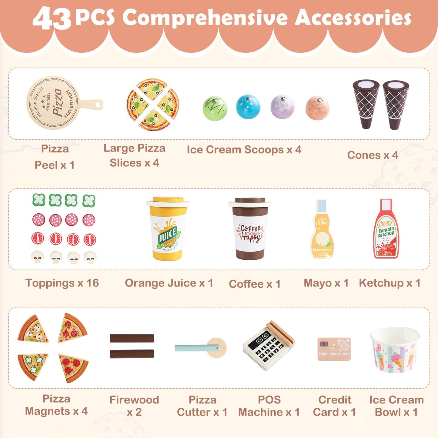 Kids Pizza Food Truck Wooden Pretend Play Snack Cart with Oven