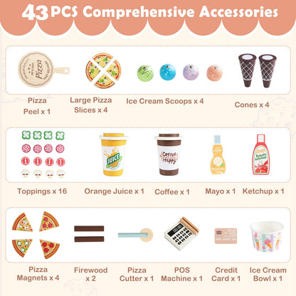 Kids Pizza Food Truck Wooden Pretend Play Snack Cart with Oven