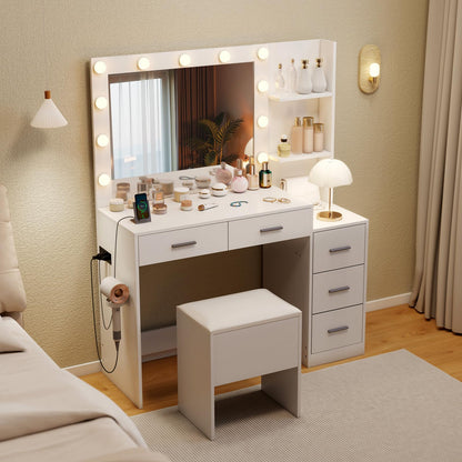 Dressing Table with Large LED Mirror and Storage Stool