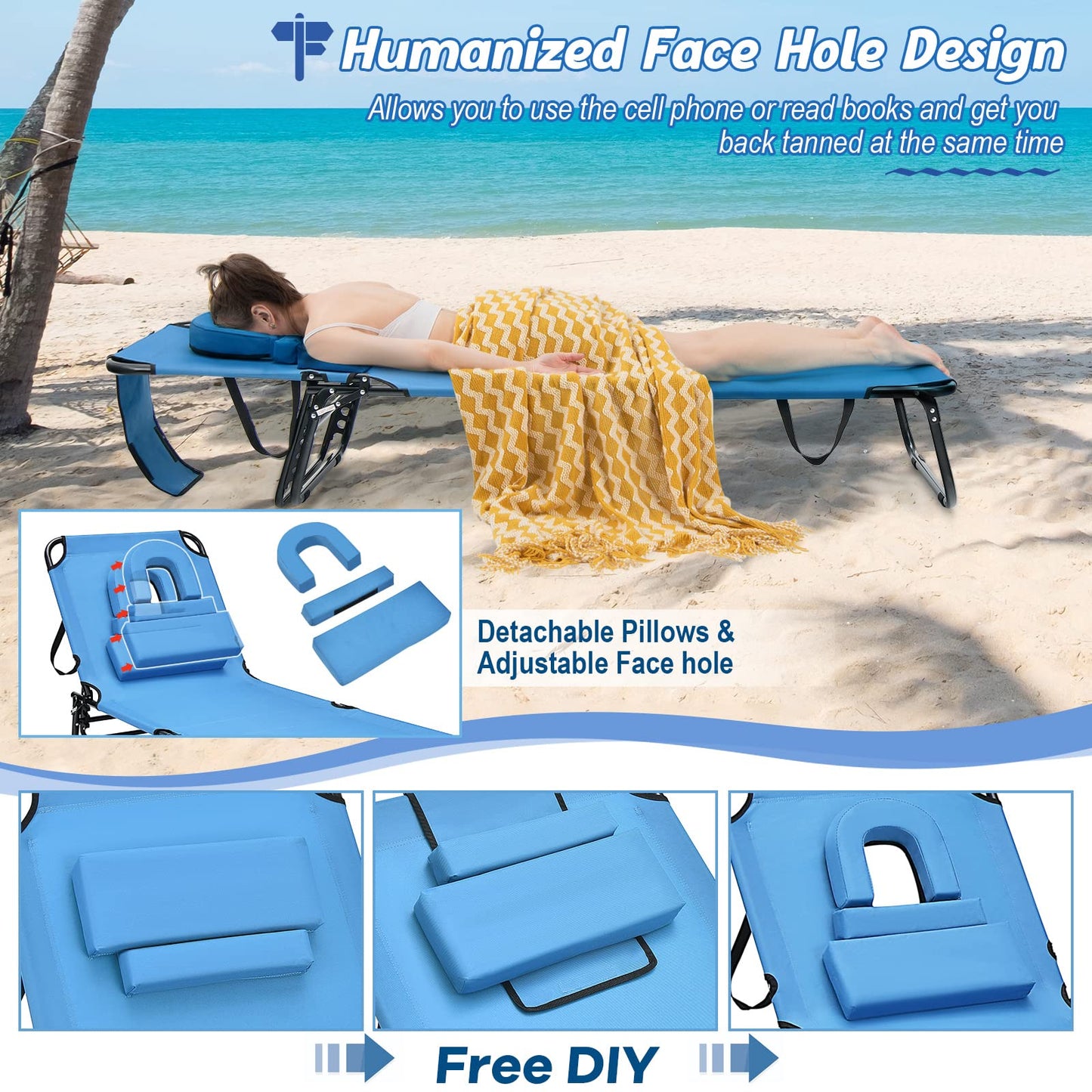 Folding Sun Lounger, 5-Position Adjustable Reclining Tanning Chair