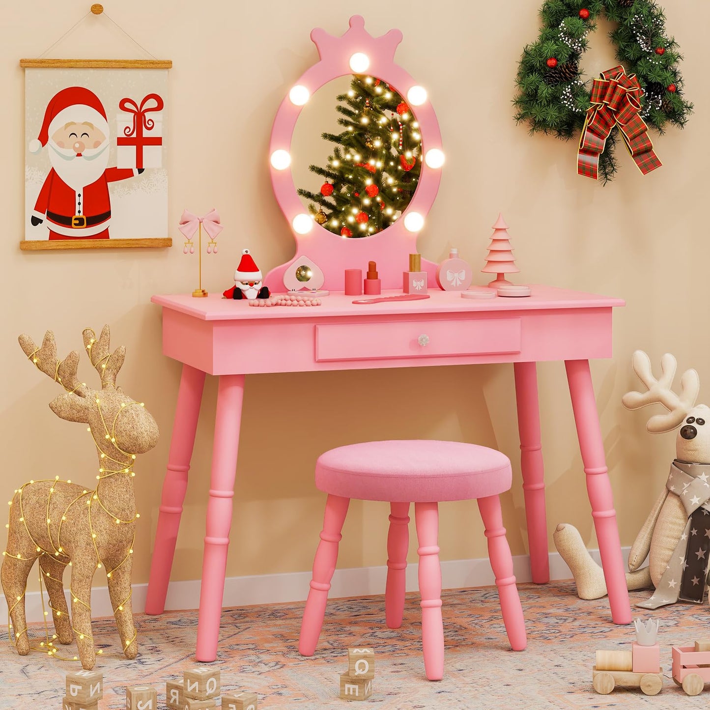 Kids Vanity Set with Lighted Mirror and Adjustable Brightness for Kids Aged 3 to 7 Years Old