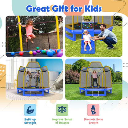 7 Feet Hexagonal Trampoline with Slide and Safety Enclosure Net