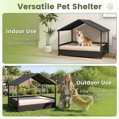 Wicker Dog Bed, Raised Rattan Dogs House with Canopy, Removable Cushion