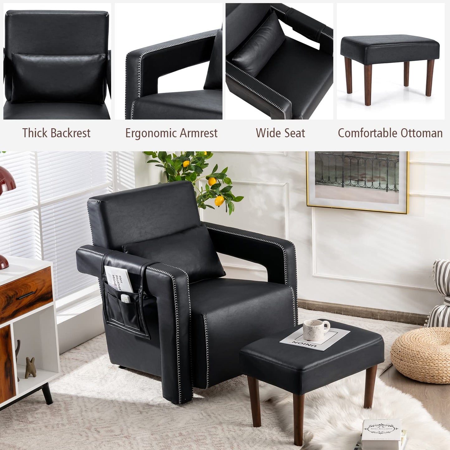Modern Upholstered Padded Accent Chair with Footstool and Lumbar Pillow