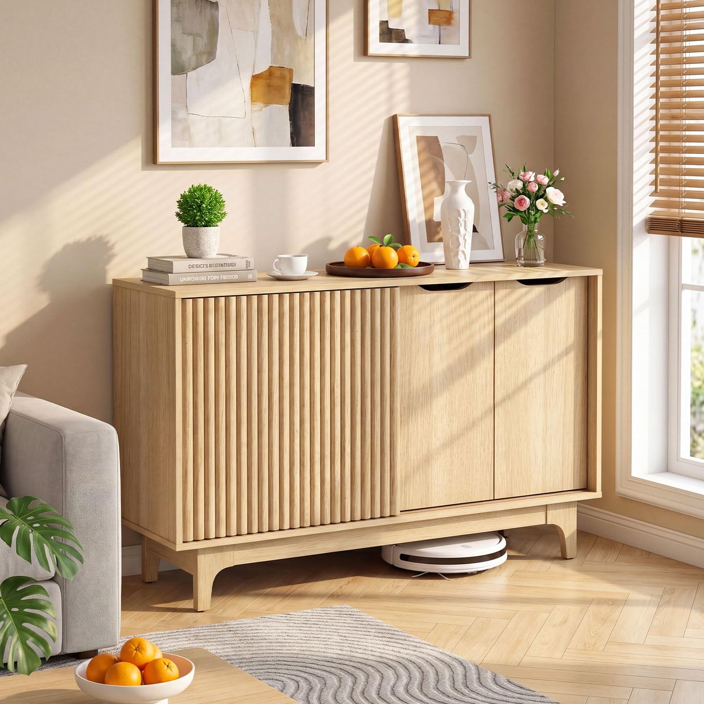 Kitchen Sideboard, Fluted Wooden Storage Cabinet with Adjustable Shelves