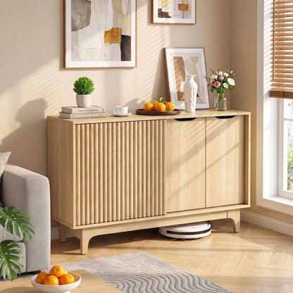 Kitchen Sideboard, Fluted Wooden Storage Cabinet with Adjustable Shelves