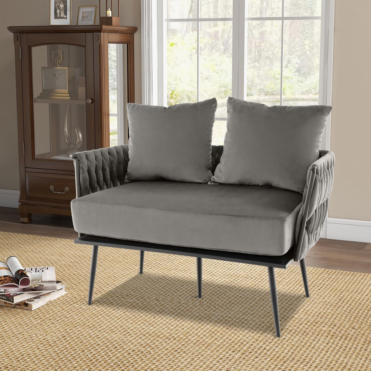 Giantex 2-Seater Sofa Velvet Upholstered Loveseat Sofa Couch with Woven Back & Arms