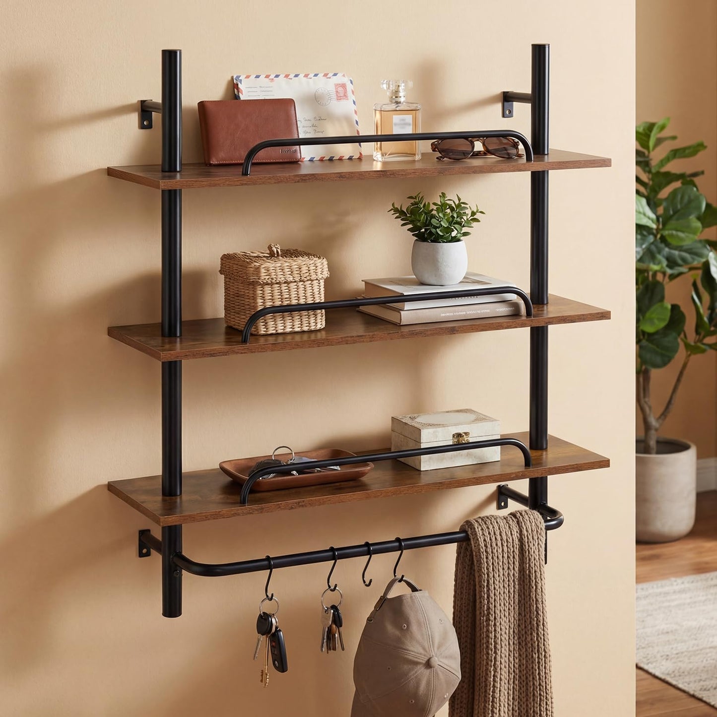 3-Tier Industrial Floating Shelves for Wall with 4 S-Shaped Hooks