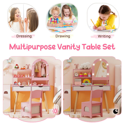 Kids Vanity Set Pretend Play Dressing Table Set with 3-Color Lighting Modes