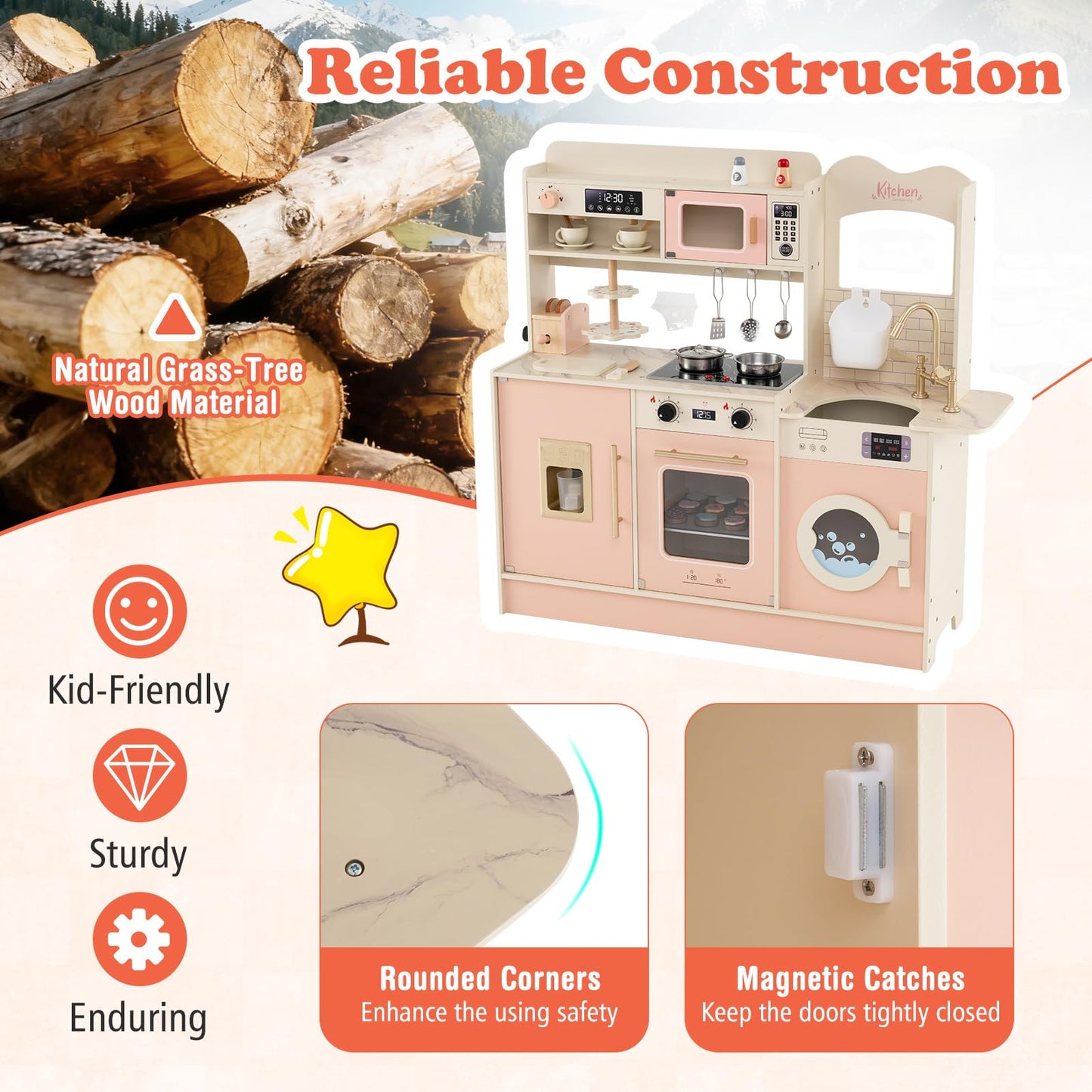 Kids Wooden Kitchen, Pretend Play Kitchen with Light, Sound, Sink & Faucet