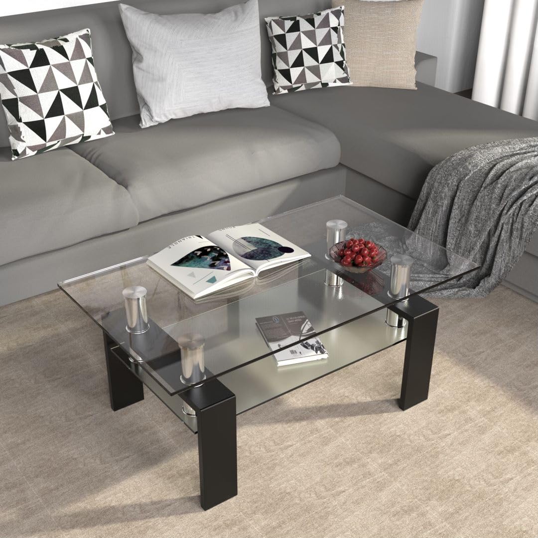 2-Tier Coffee Table, Tempered Glass Rectangle Sofa Side Table