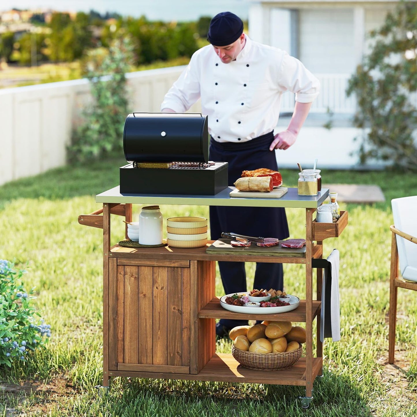 Wooden Grill Cart with Storage Outdoor Kitchen Island with Stainless Steel Top