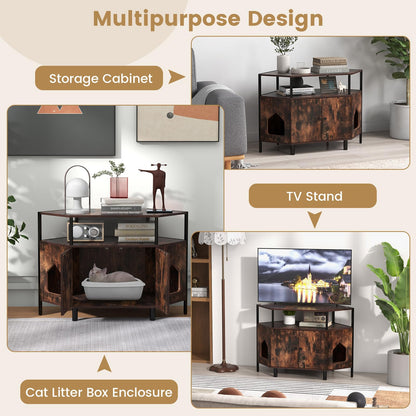 Corner Cat Litter Box Enclosure with Open Shelf