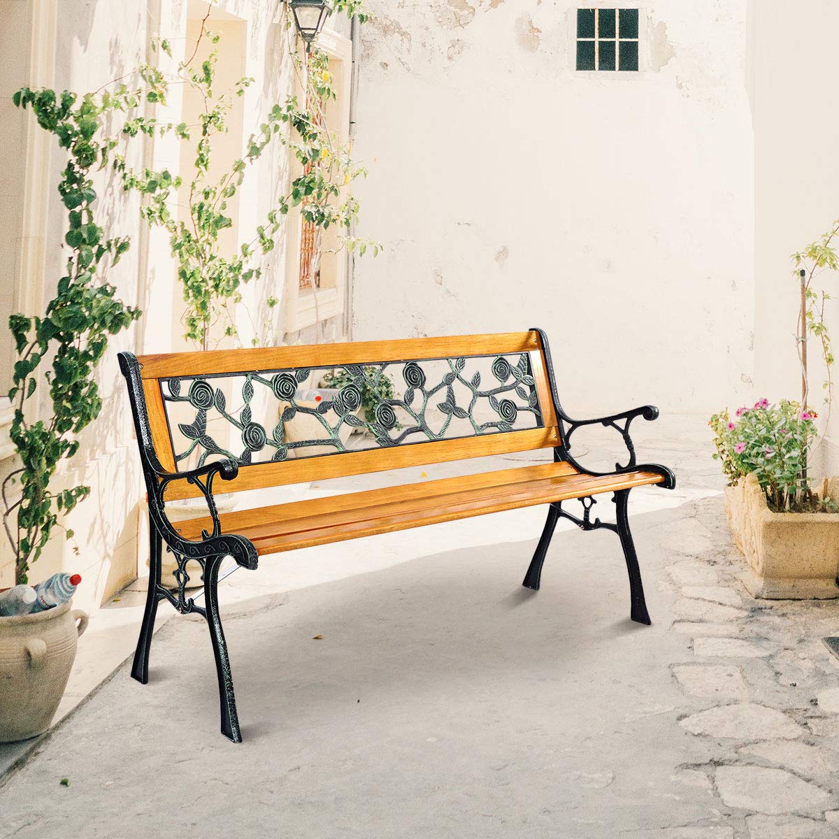 Solid Wood Slatted Seat Loveseat Park Bench Flat Back with Rose Pattern