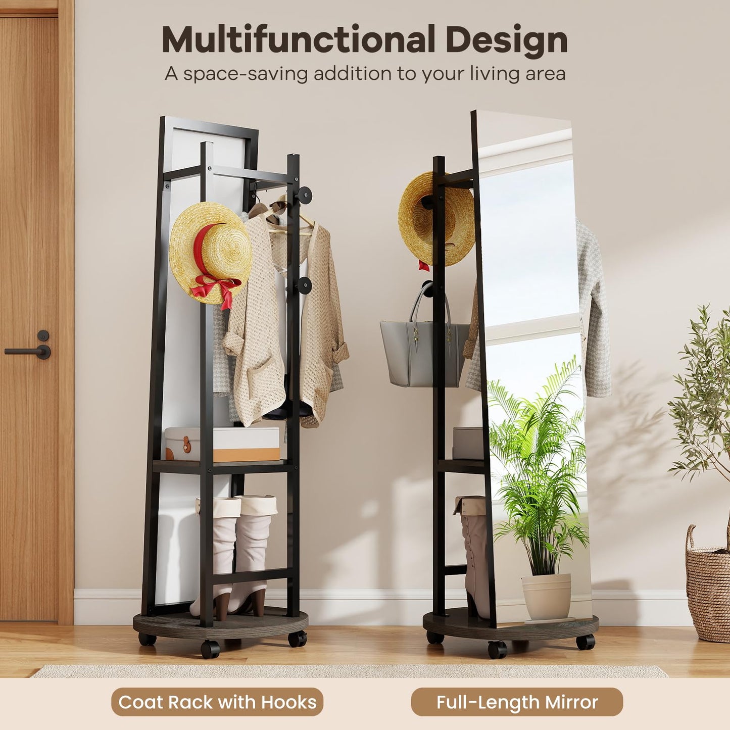 360¡ã Rotating Wood Frame Full Body Floor Mirror with Hanging Hooks