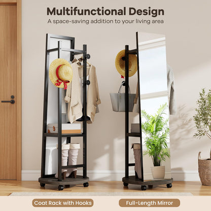 360¡ã Rotating Wood Frame Full Body Floor Mirror with Hanging Hooks