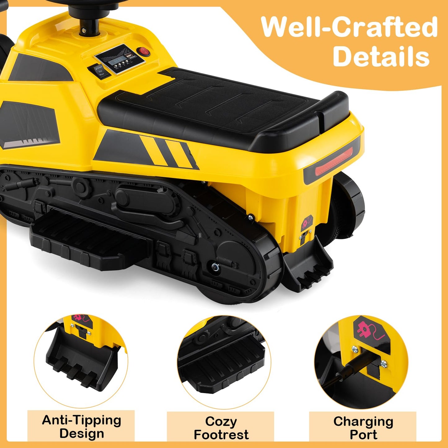 6V Electric Toy Bulldozer Excavator with Adjustable Arms Music