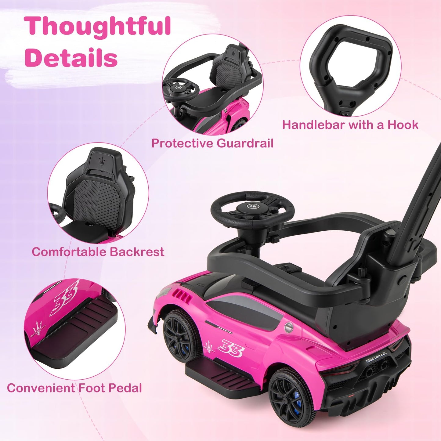 3-in-1 Ride on Push Car with 2 Universal Wheels, Music Steering, Guardrail and Handlebar