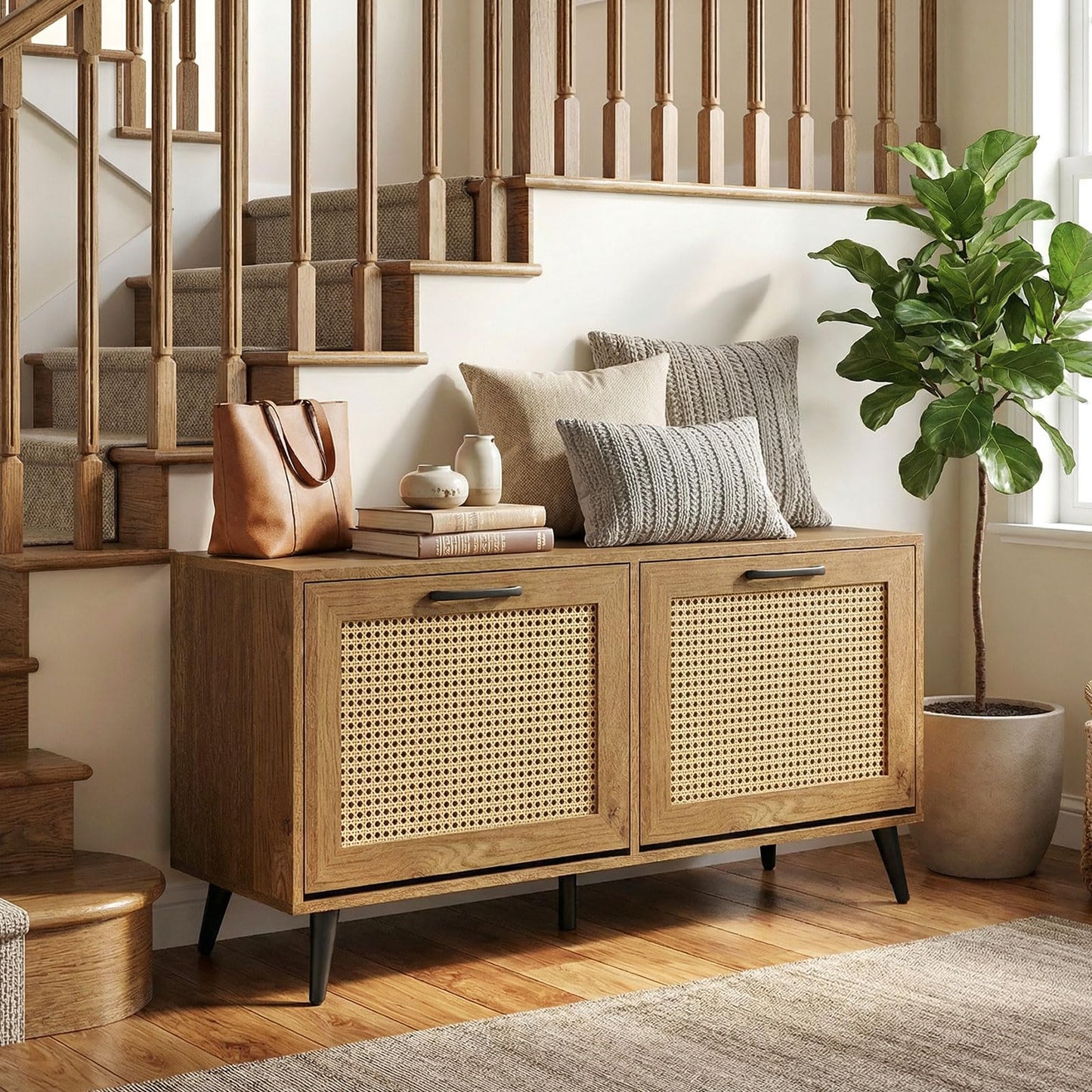 Rattan Shoe Storage Bench with Flip Drawers, Adjustable Shelves