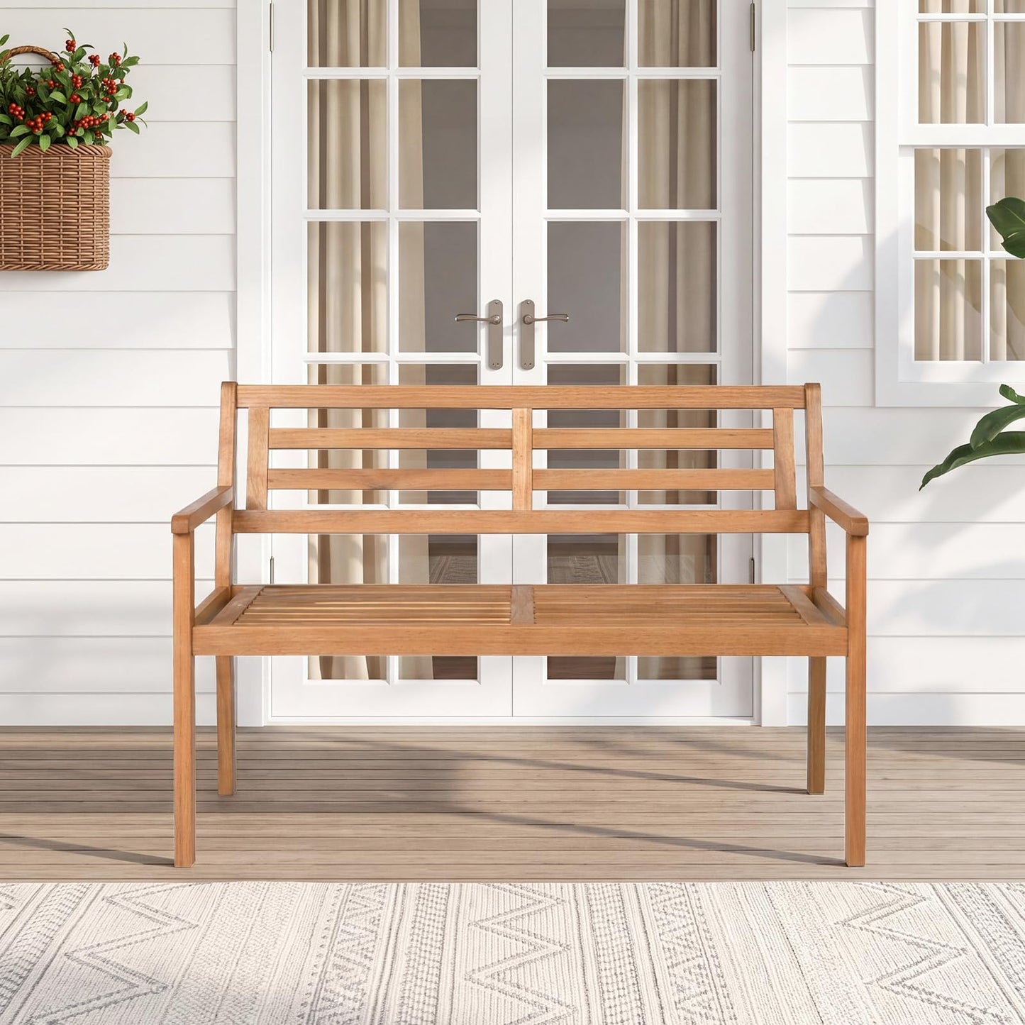 119 cm 2-Person Outdoor Loveseat Bench with Armrests and Backrest for Backyard