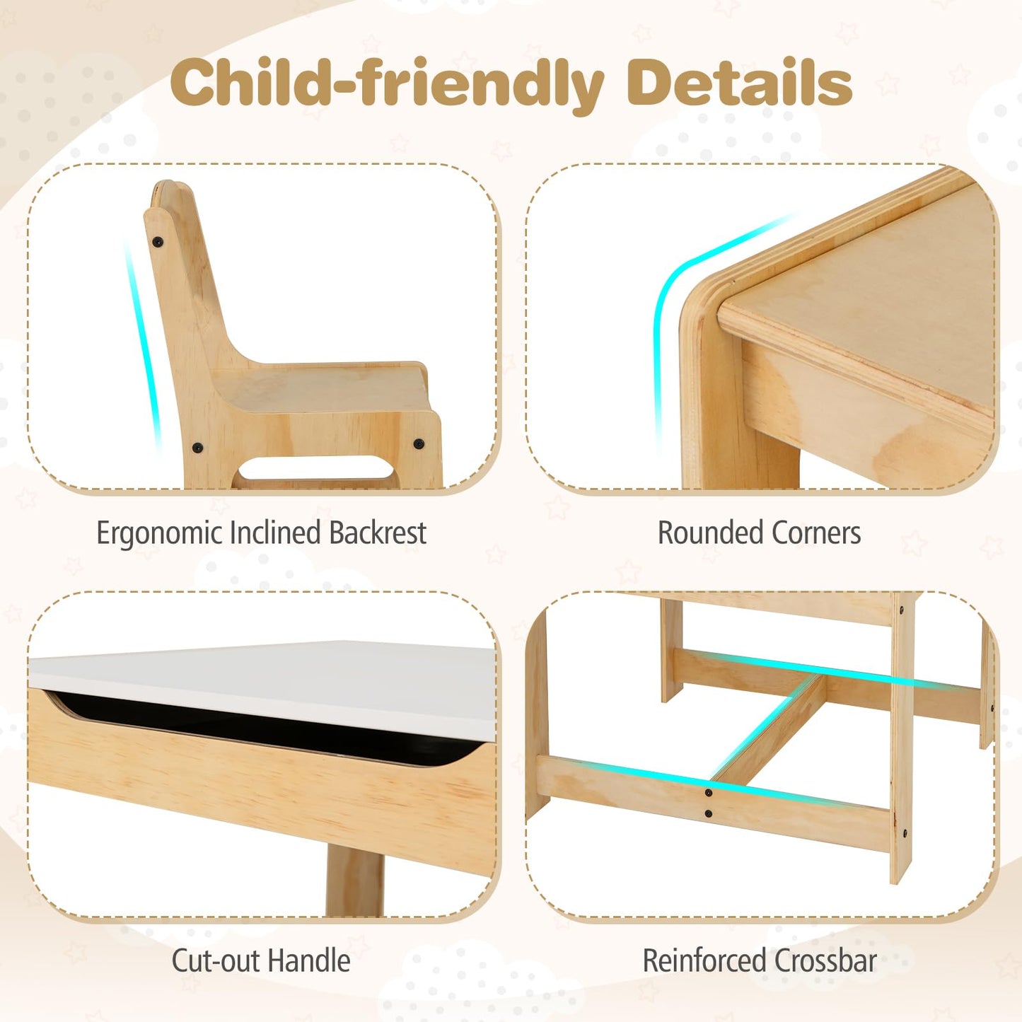 3-Piece Wooden Toddler Furniture Set with Removable Tabletop