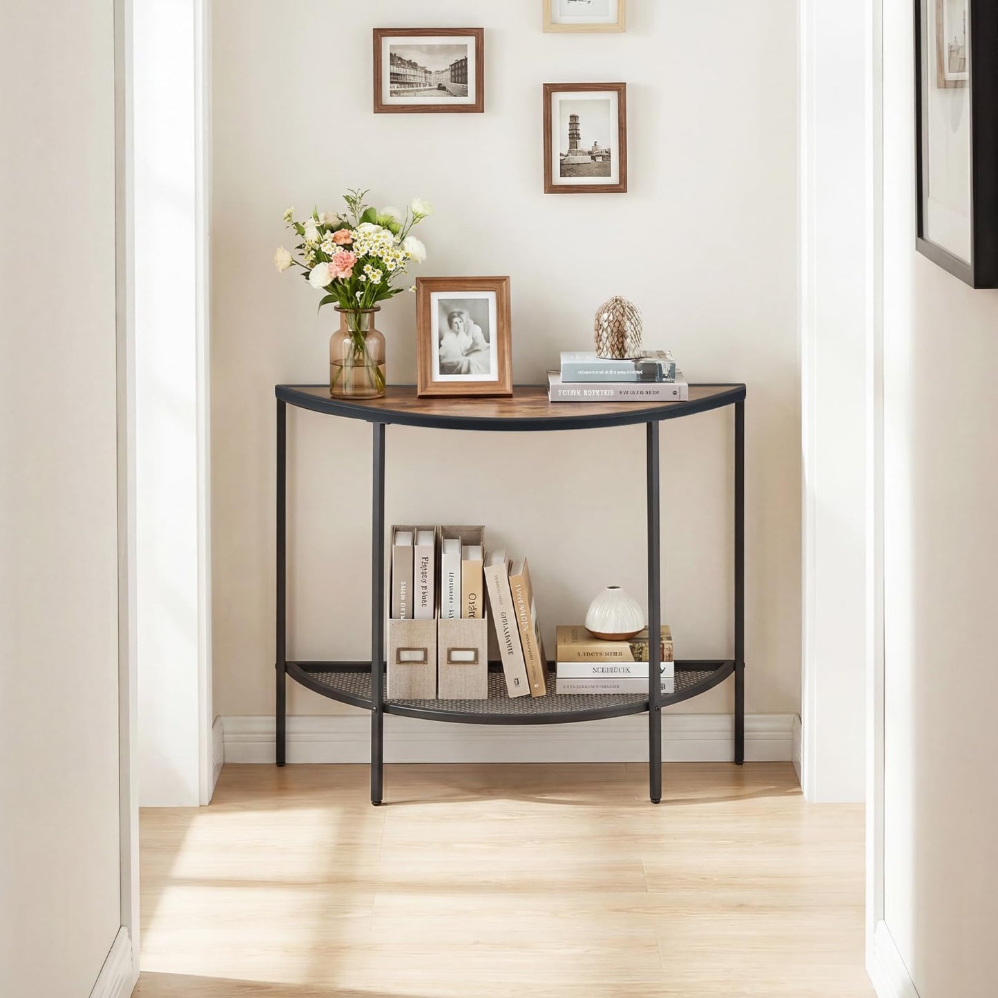 2-Tier Console Table, Half Moon Industrial Narrow Entryway Table