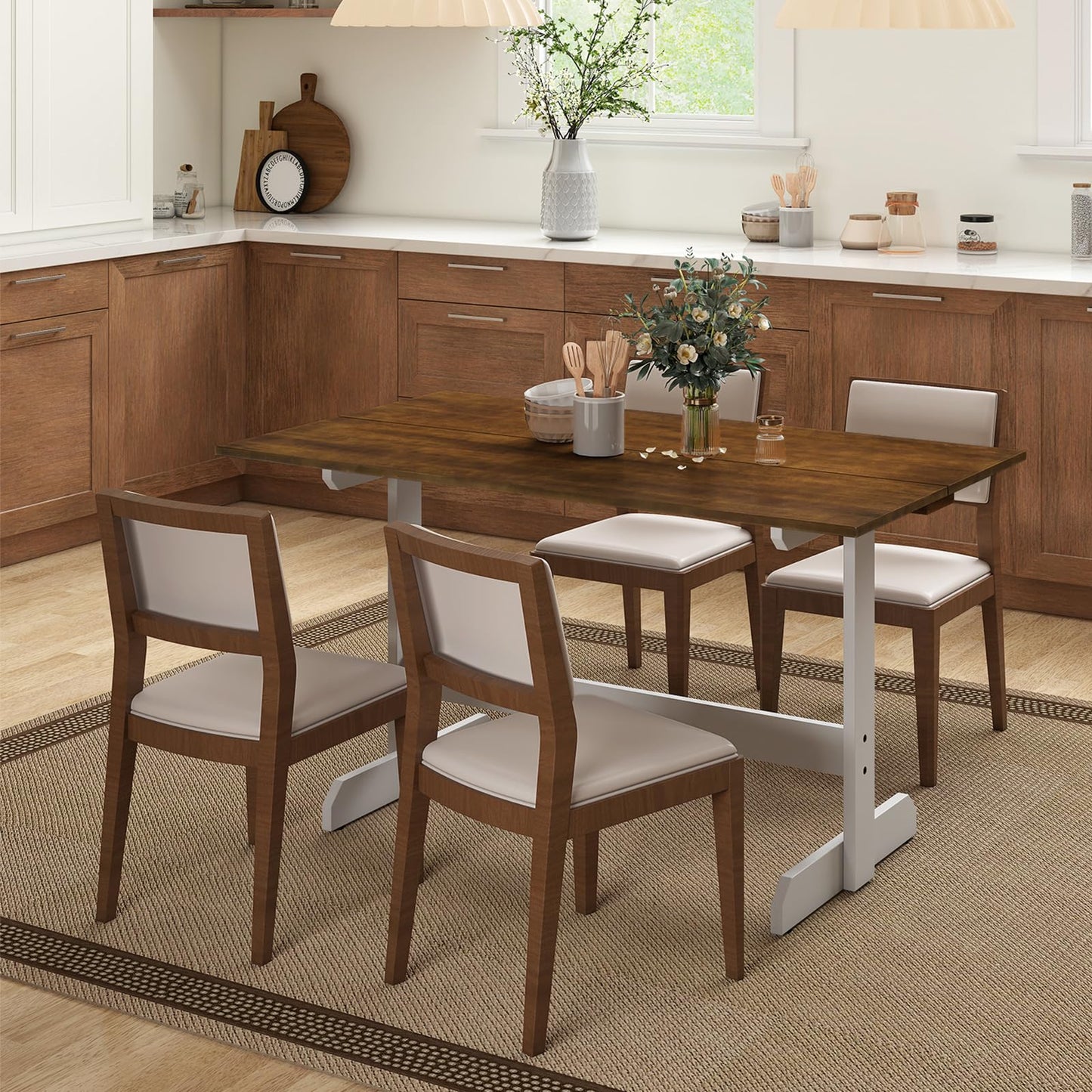 Dining Table for 4-6 People Rectangular Kitchen Table with Solid Wood Trestle Base
