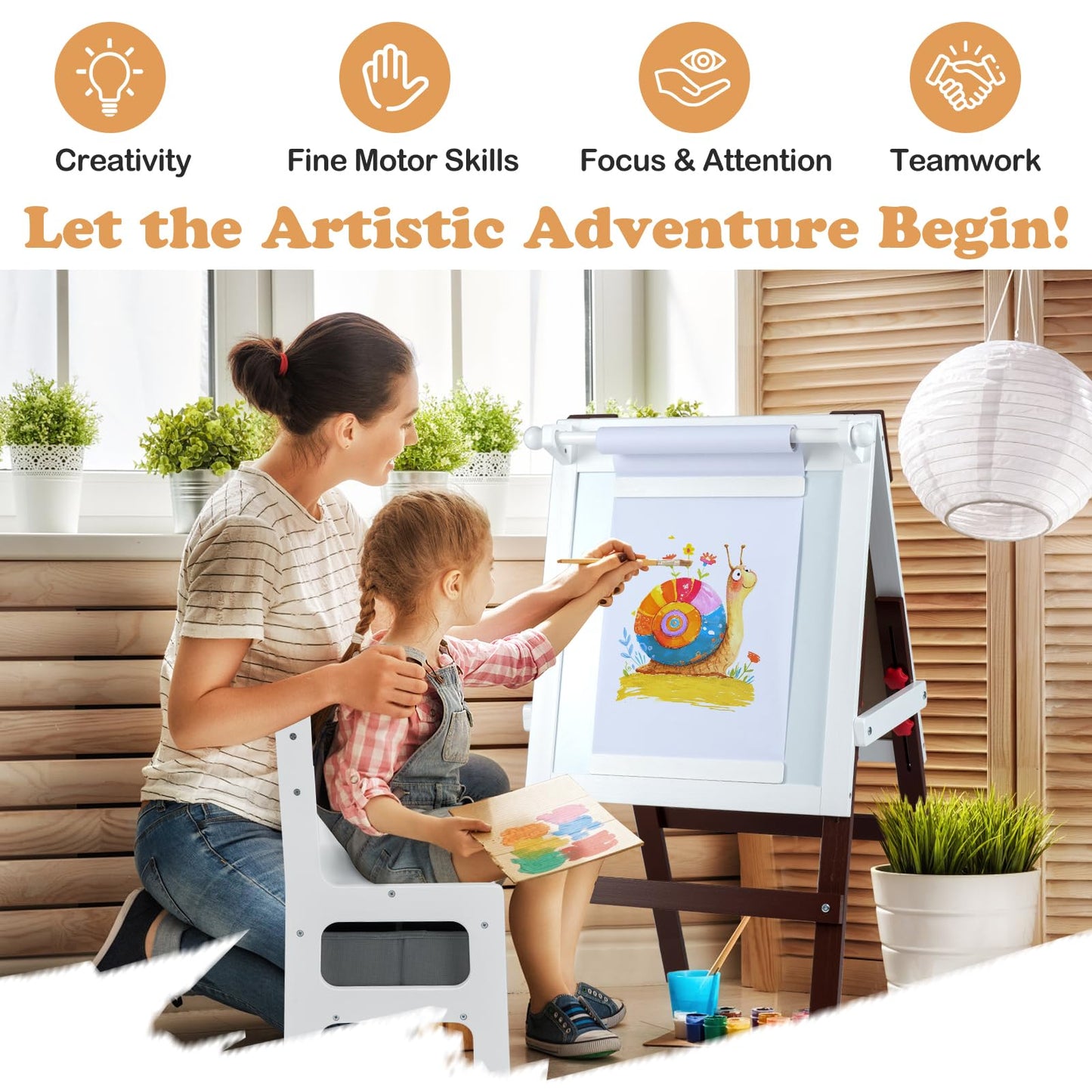 Height-adjustable Painting Easel with Chalkboard and Paper Holder