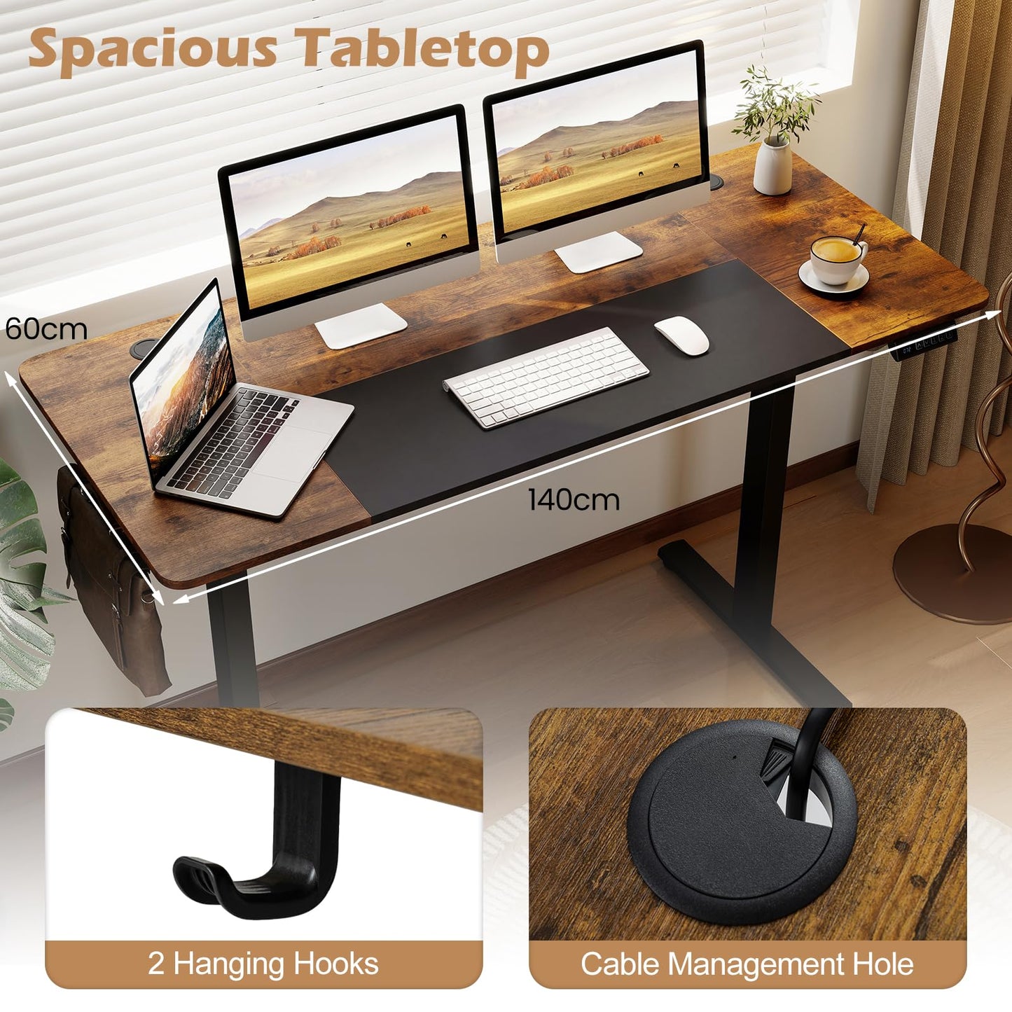 140x60 CM Electric Standing Desk with 3 Memory Heights & LED Panel for Home Office