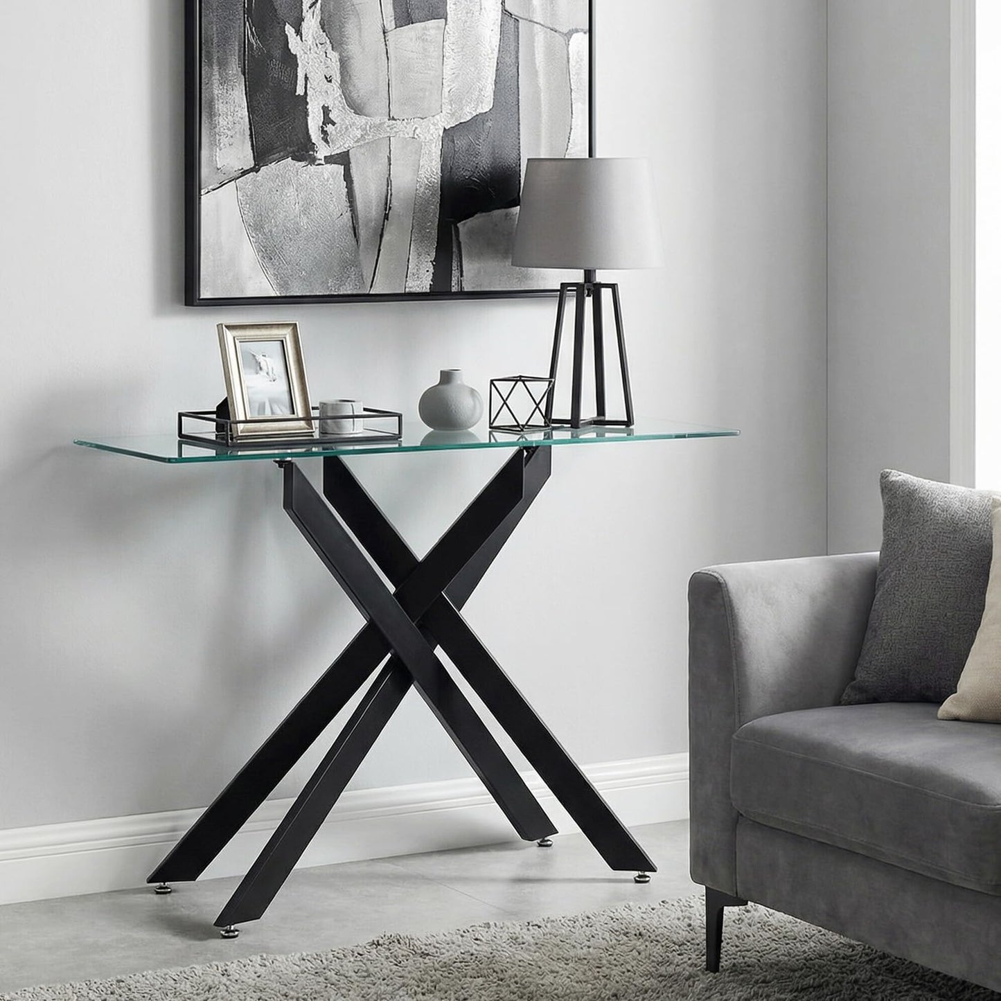 Modern Glass Console Table with Tempered Glass Top and Tubular Legs