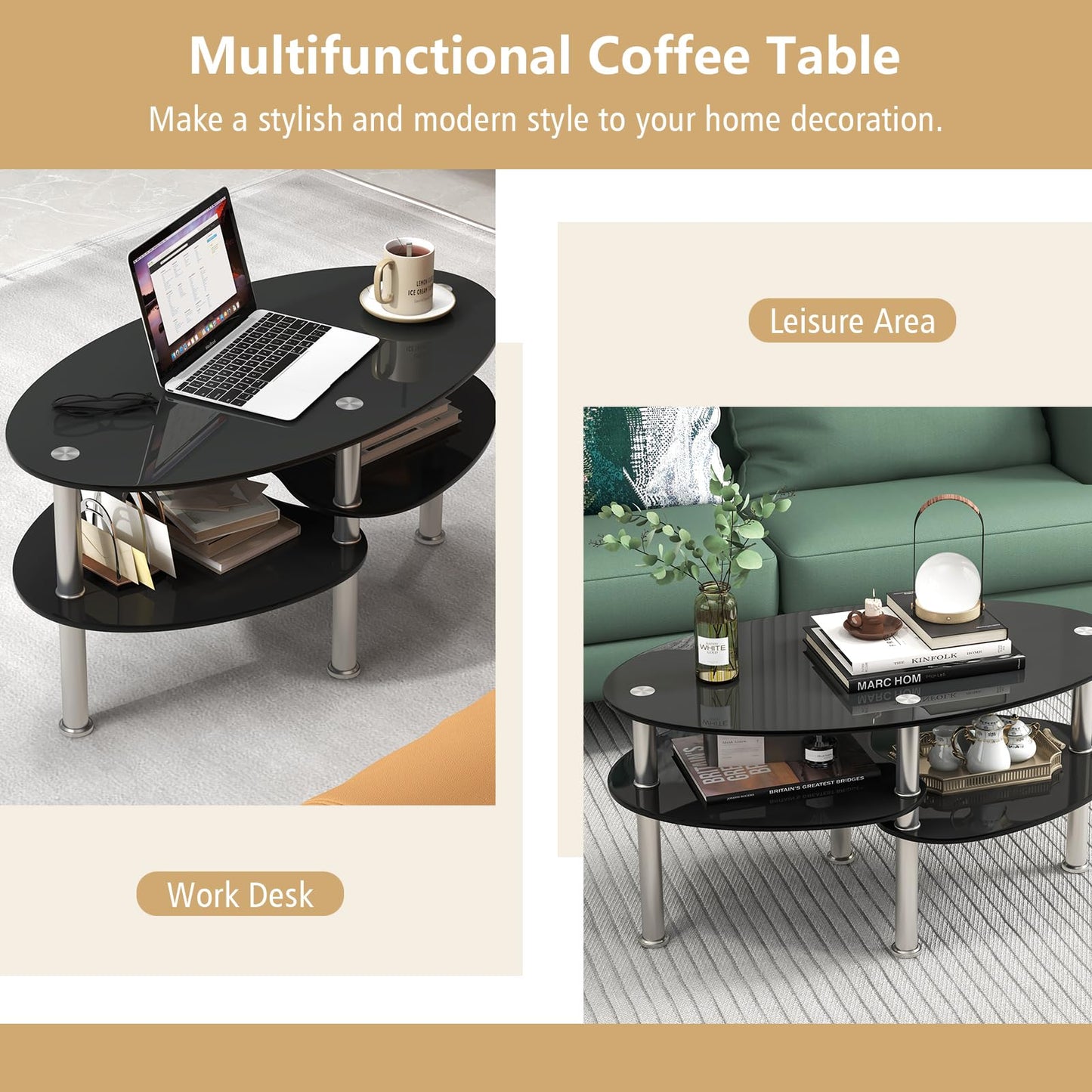 3-Tiers Tempered Glass Coffee Tables with 2 Shelves