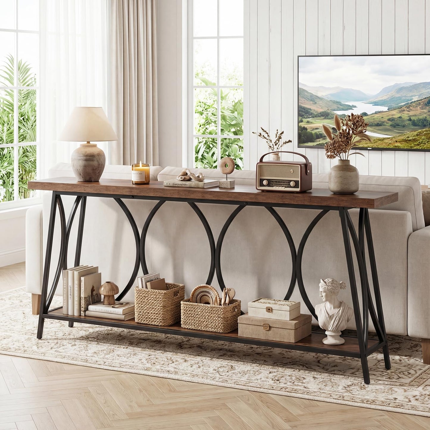 2-Tier Console Table, 180cm Long Industrial Narrow Entryway Table