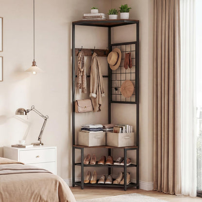 4-in-1 Freestanding Coat Rack with Storage Shelves Removable Hooks and Shoe Racks