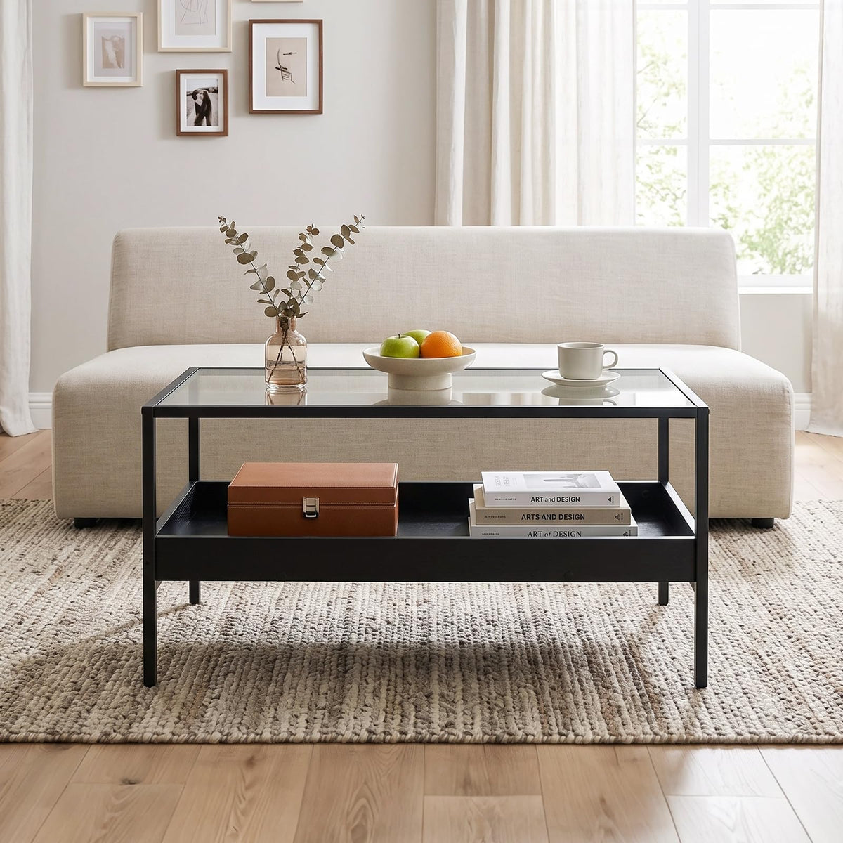 2-Tier Coffee Table with Tempered Glass Top & Storage Shelf
