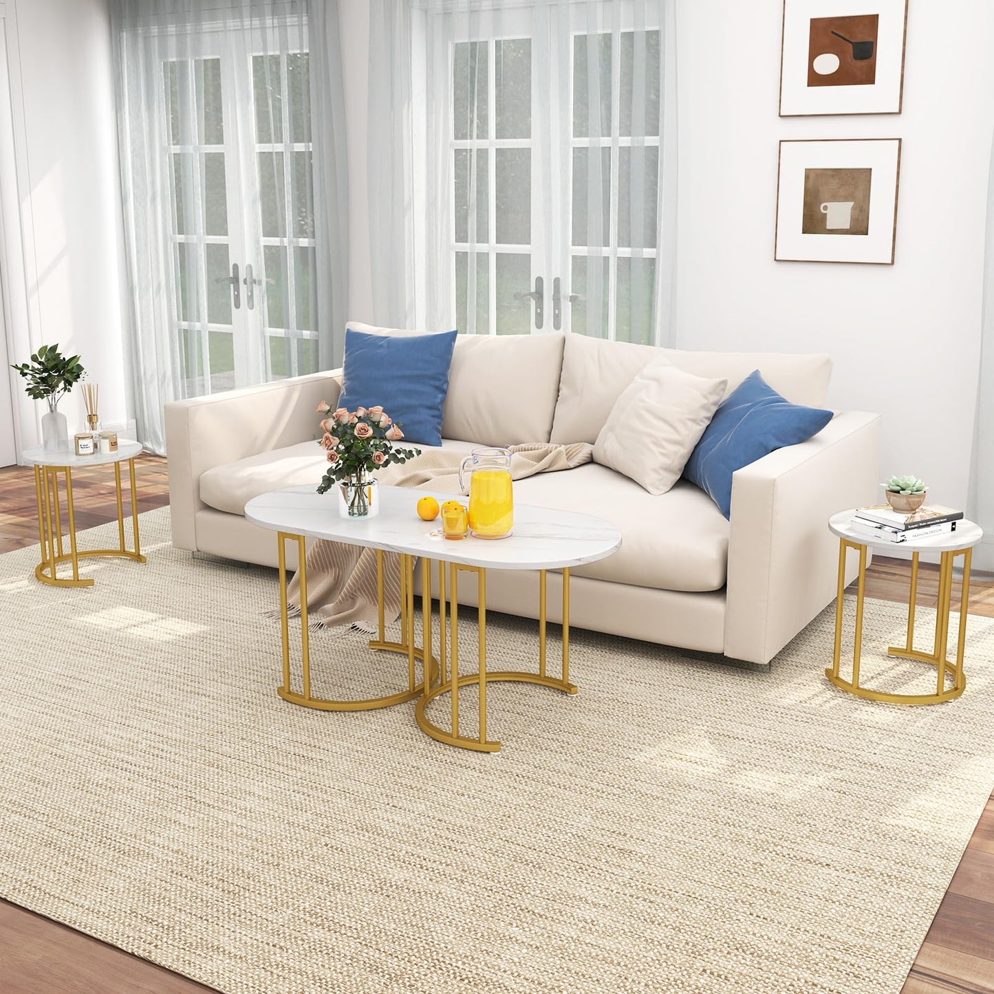 3-Piece Nesting Coffee Table Set 110cm Coffee Table with 2 Side Tables