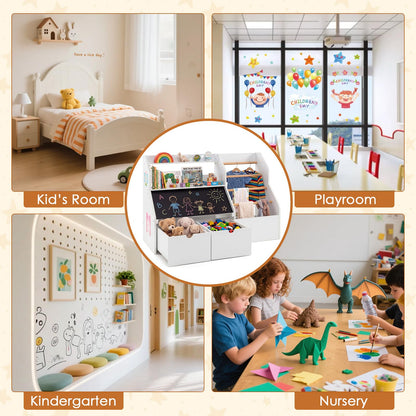 Toy Storage Organizer with Flip-up Blackboard and Movable Drawers for Playroom