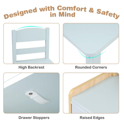 Kids Table and Chair Set, Wooden Children Desk and Chair with 3 Drawers