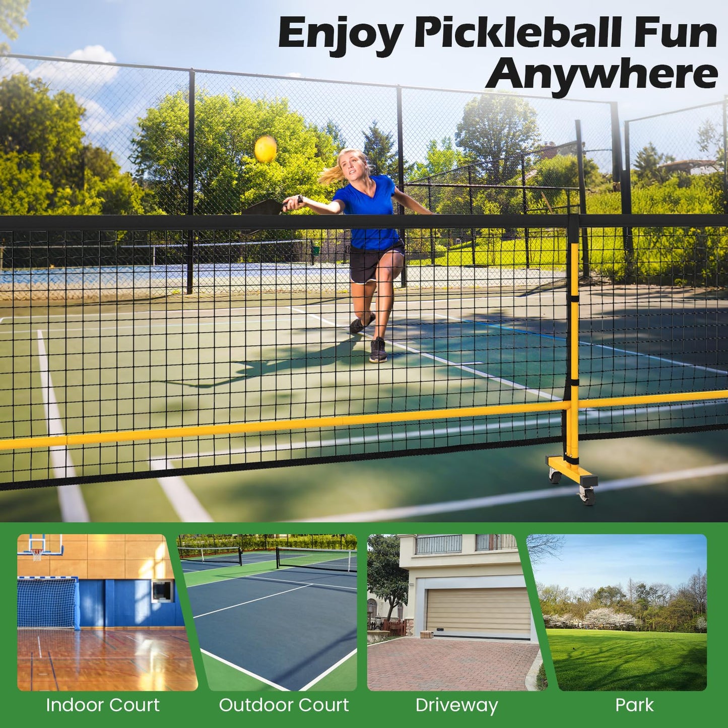 Portable Regulation Size Pickle Ball Net System with 6 Lockable Wheels