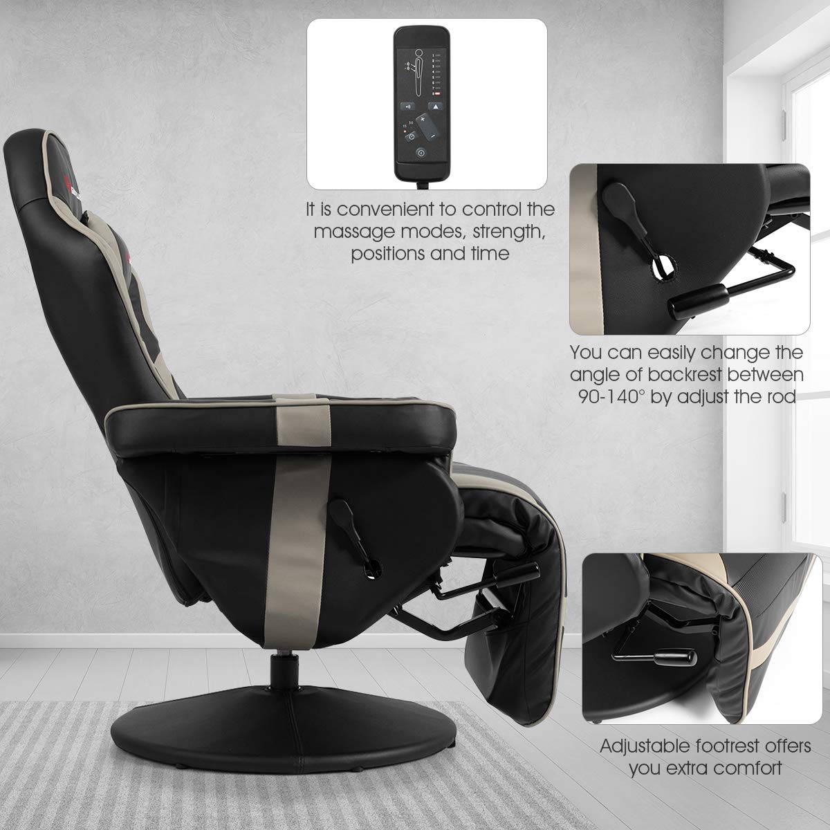 Height Adjustable Swivel Racing Video Massage Gaming Chair with Retractable Footrest