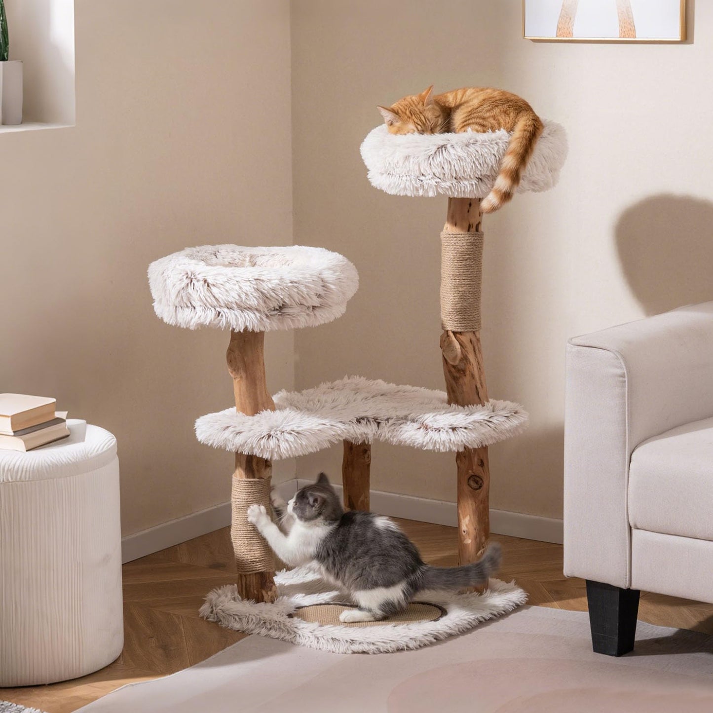 Wooden Cat Tree, Multi-Layer Cats Tower with Jute Scratching Posts