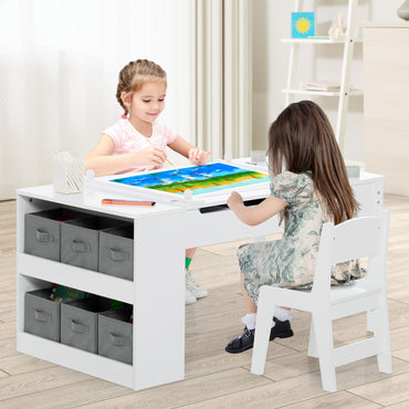 2-in-1 Kids Art Table and Chairs Set, Wooden Toddler Craft Easel Desk with 2-Tier Open Shelf
