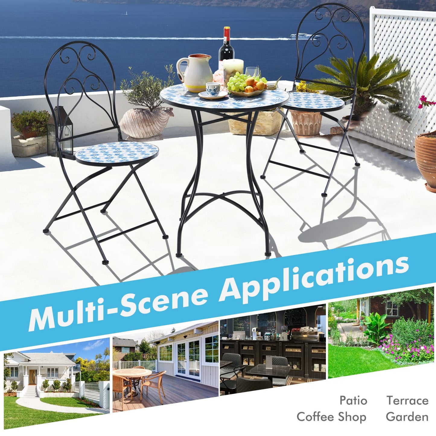 Mosaic Metal Dining Set Garden Table with 2 Folding Chairs