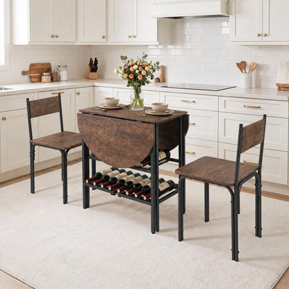 3-Piece Drop Leaf Dining Table Set with 2 Chairs and 2-Tier Storage Shelves for Kitchen